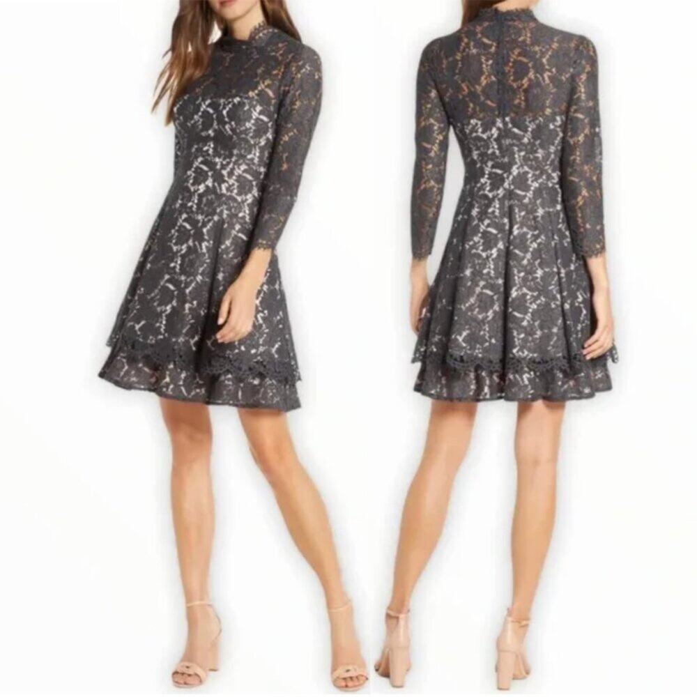 Eliza J Grey Lace Fit & Flare Mini Dress